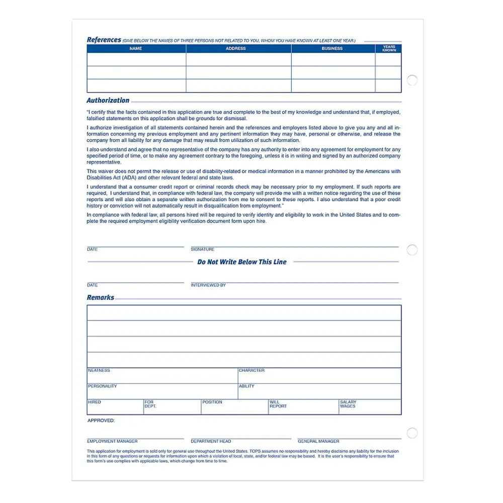 Hr Forms*TOPS ® Application for Employment, 2-Sided, 8-1/2 x 11", 50 Sheets/Pad, 2 Pads/Box (32851)