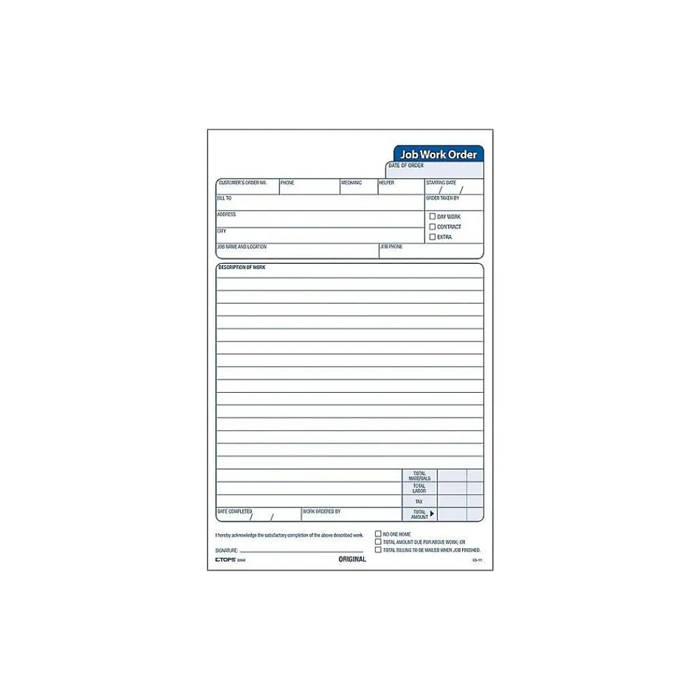 Business Forms*TOPS Job 3-Part Carbonless Work Orders, 8.62"L x 5.67"W, 50 Sets/Book (3868)