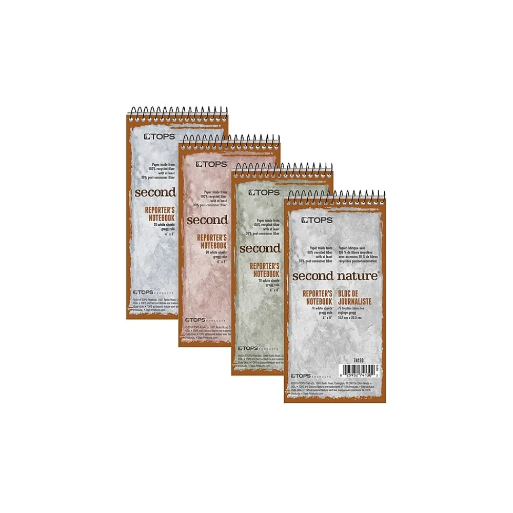 Notepads|TOPS Second Nature Reporter's Notebook, 4" x 8", Gregg Ruled, Assorted Colors, 70 Sheets/Pad (74130)