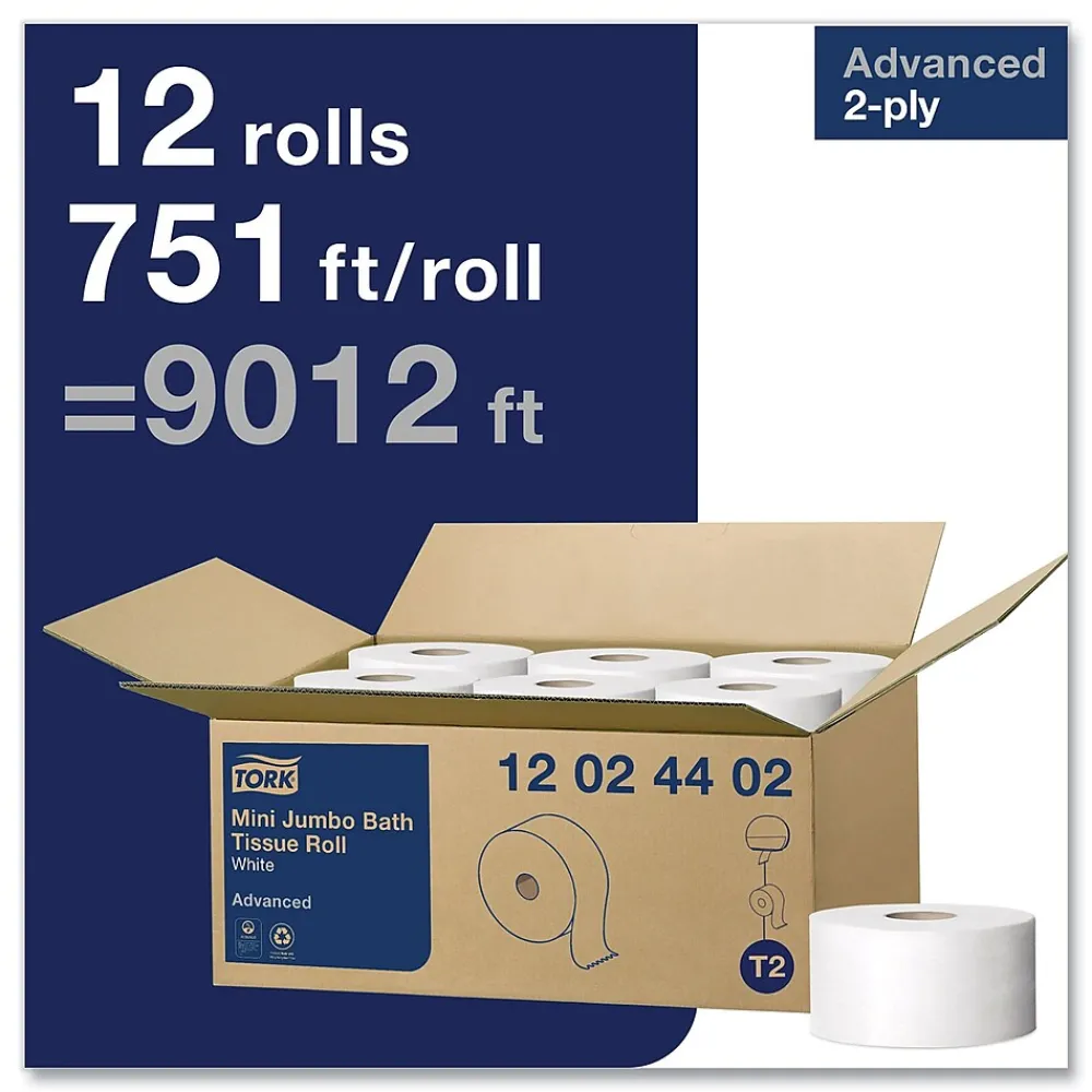 Advanced Mini Jumbo Roll Bath Tissue, Septic Safe, 2-Ply, White, 3.48" x 751 ft, 12 Rolls/Carton (TRK12024402)<Tork Outlet