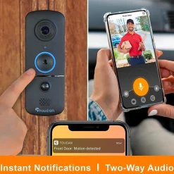 Toucan V3 Wireless Battery Operated Video Doorbell, Chime, Night Vision, Wi-Fi, IP56 Weather Resistant, Black