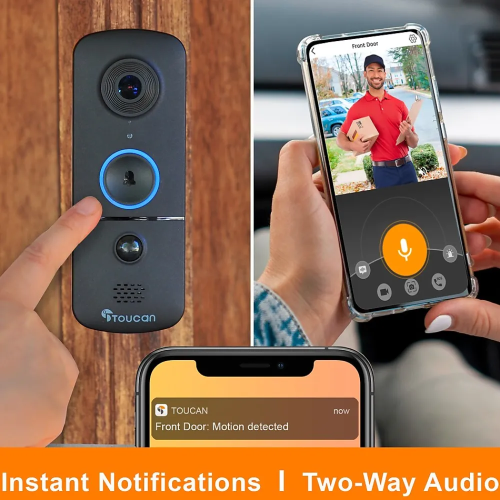 Toucan V3 Wireless Battery Operated Video Doorbell, Chime, Night Vision, Wi-Fi, IP56 Weather Resistant, Black