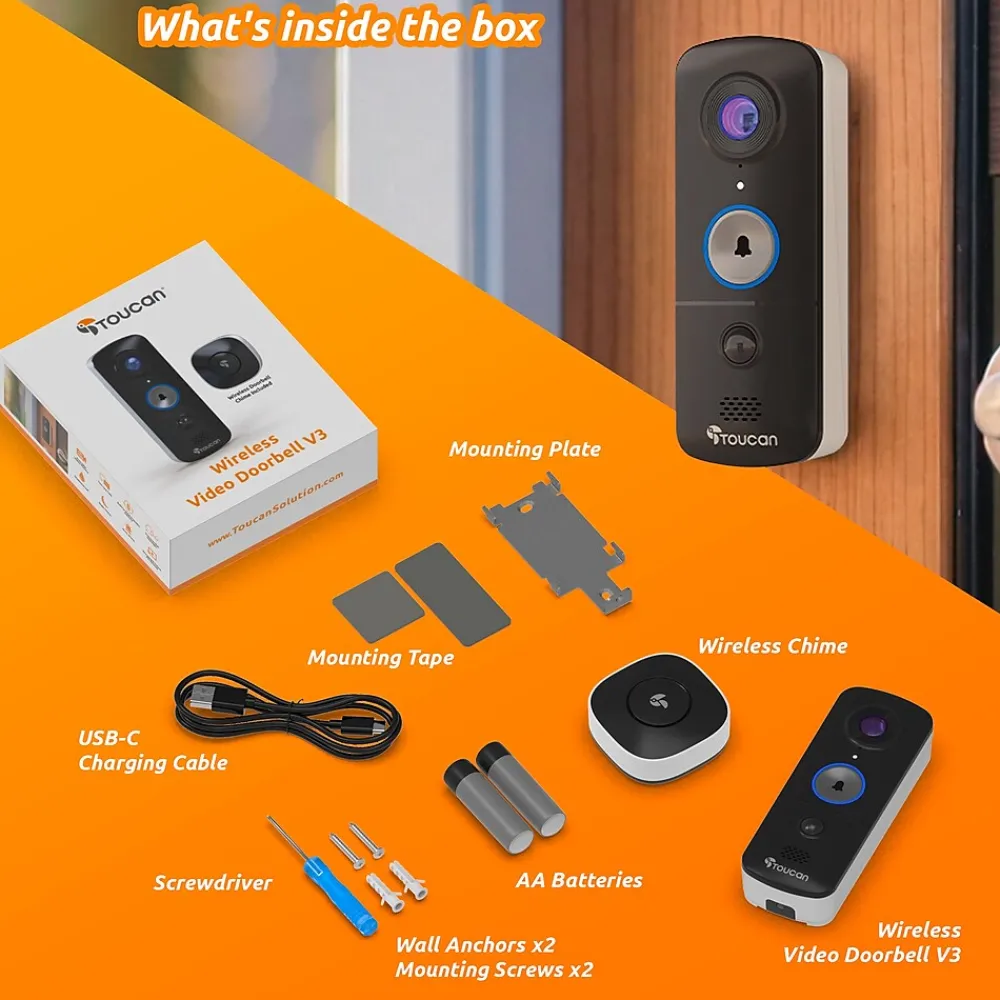 Toucan V3 Wireless Battery Operated Video Doorbell, Chime, Night Vision, Wi-Fi, IP56 Weather Resistant, Black