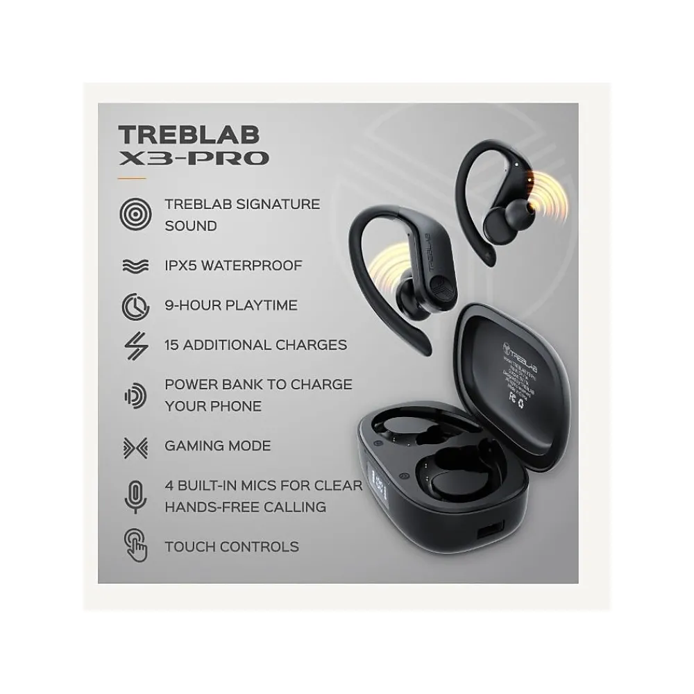 X3-Pro Bluetooth Wireless Earbuds with Earhooks, Charging Case (X3-PRO-W)<Treblab Best