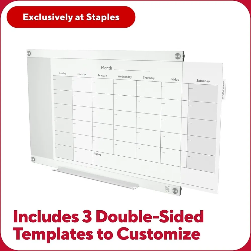 Dry Erase*TRU RED ™ Templated Magnetic Glass Dry-Erase Whiteboard, 3' x 2' (TR62139)