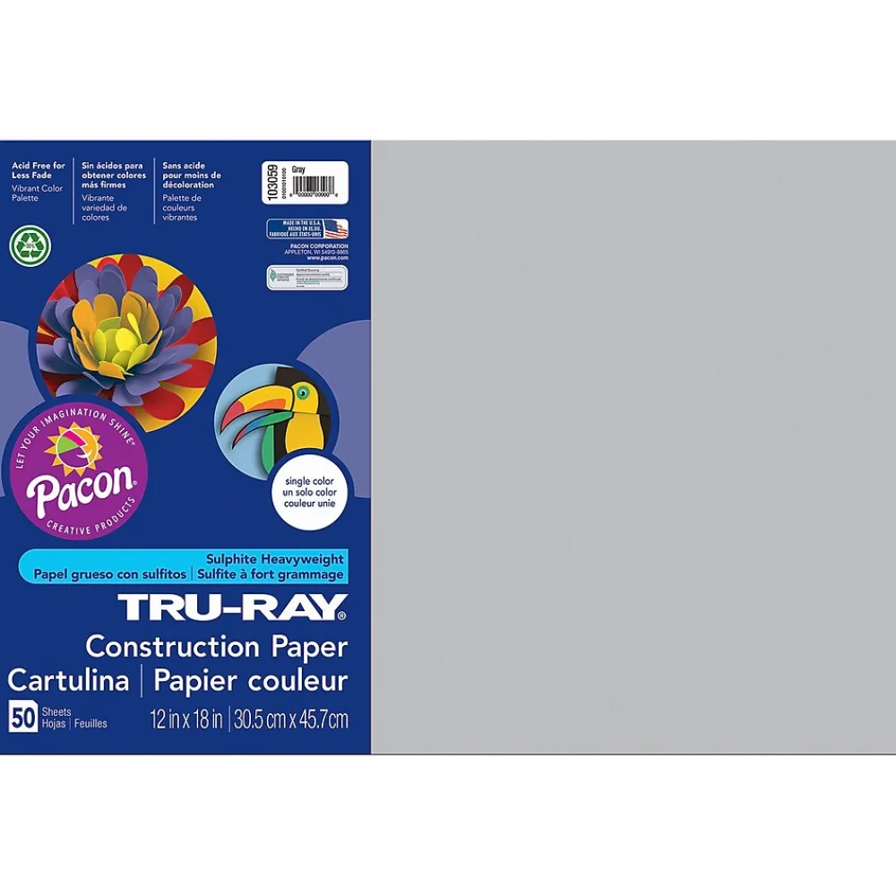 Construction Paper*Pacon Tru-Ray® Construction Paper, Gray, 12" x 18", 50 Sheets Per Pack, 5 Packs (PAC103059-5)