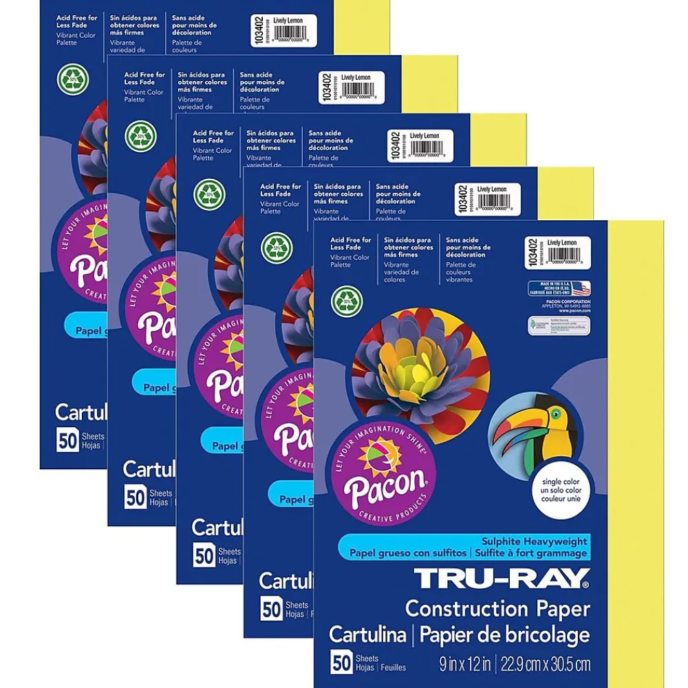 Construction Paper*Pacon Tru-Ray® Construction Paper, Lively Lemon, 9" x 12", 50 Sheets Per Pack, 5 Packs (PAC103402-5)