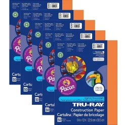 Construction Paper*Pacon Tru-Ray® Construction Paper, Electric Orange, 9" x 12", 50 Sheets Per Pack, 5 Packs (PAC103404-5)