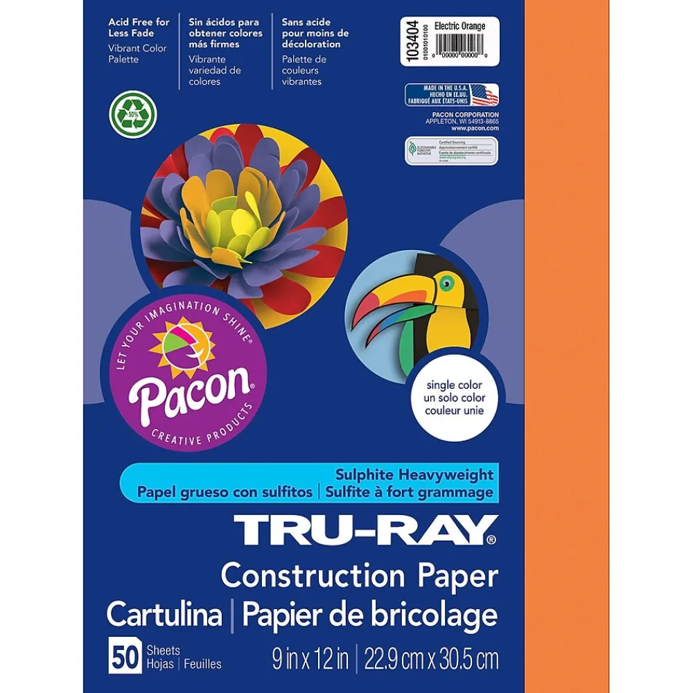 Construction Paper*Pacon Tru-Ray® Construction Paper, Electric Orange, 9" x 12", 50 Sheets Per Pack, 5 Packs (PAC103404-5)