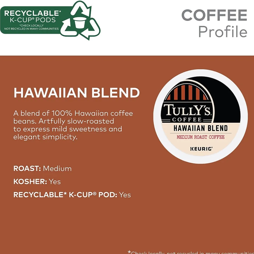 Tully's Hawaiian Blend Coffee Keurig® K-Cup® Pods, Medium Roast, 96/Carton (66064)