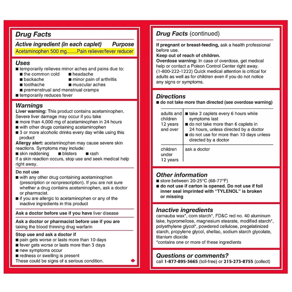 Extra Strength Caplets, Fever Reducer and Pain Reliever, 500 mg, 50 Count, 2/Pack (487348)<Tylenol New