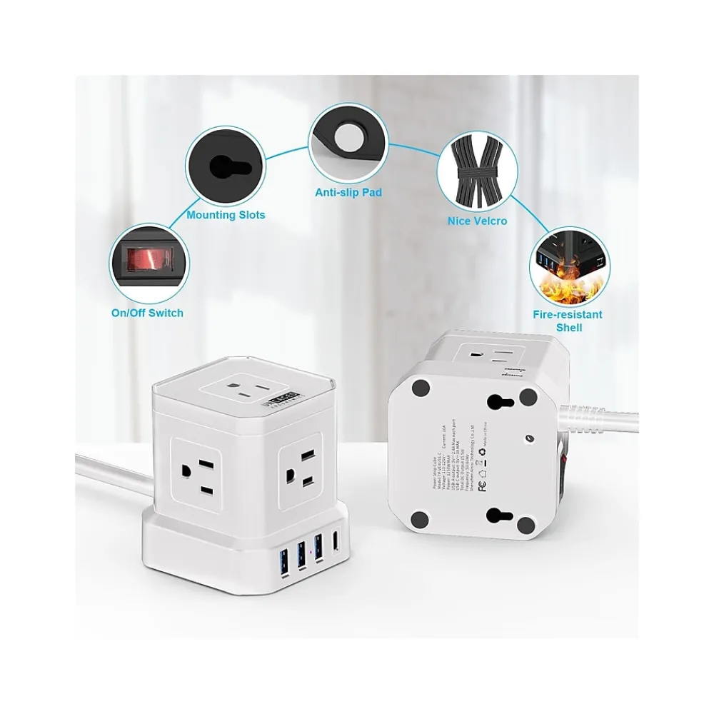 Uncaged Ergonomics Cube 5-Outlet 4-USB Port Surge Protector, 10', White (PC-w-c)