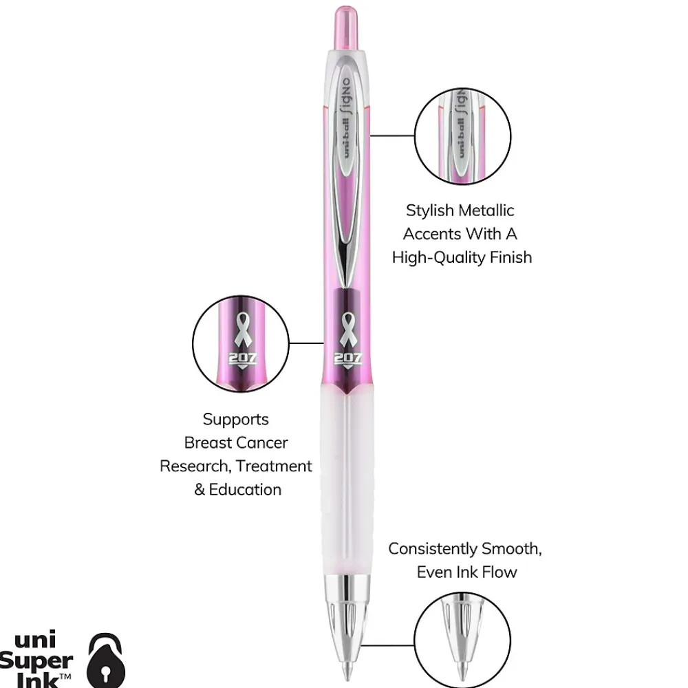 Pens|uni-ball uniball 207 Pink Ribbon Retractable Gel Pens, Medium Point, 0.7mm, Black Ink, 36/Pack (2003896)