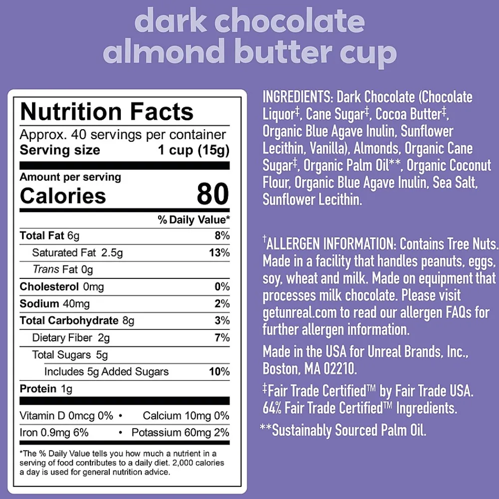 UNREAL Dark Chocolate Almond Butter Cups, 0.53 Oz., 40/Pack (220-02089)