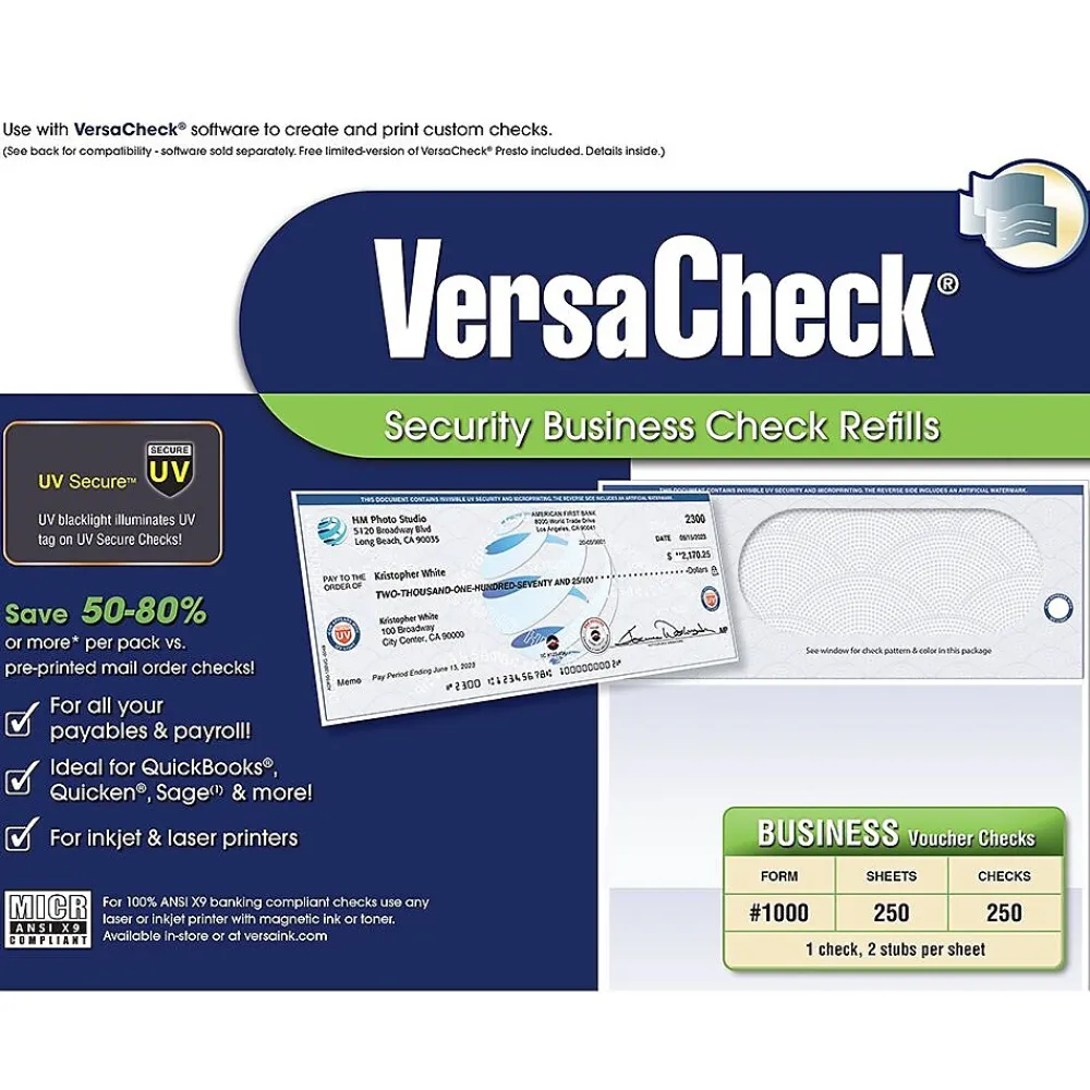 Security & Carbon*VersaCheck UV Secure 8.5" x 11" Business Security Check On Top, Blue Elite, 250 Sheets/Pack (GLO921800F086)