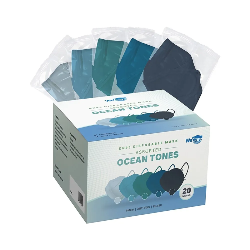 WeCare Ocean Tones Disposable KN95 Fabric Face Masks, One Size, Assorted Colors, 20/Pack, 50 Packs/Carton (TBN203261)