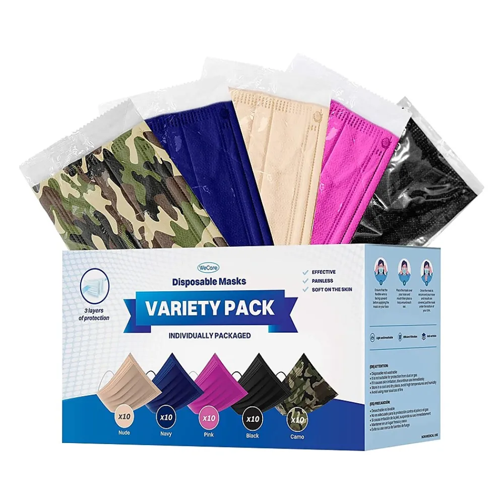 WeCare 3-ply Disposable Face Masks, Individually Wrapped, Adult, Assorted Colors, 50/Box (WMN100026)