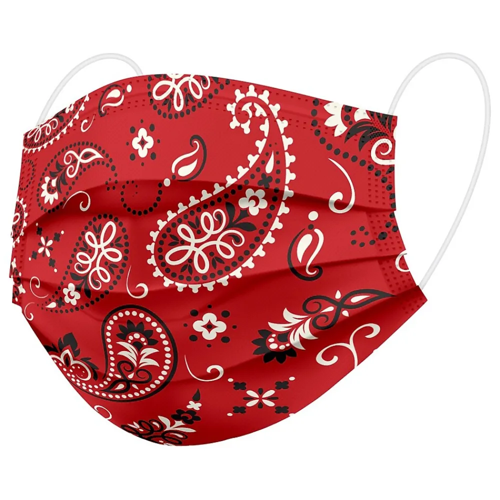 WeCare 3-ply Disposable Face Masks, Individually Wrapped, Adult, Red Bandana/Black Bandana, 50/Box (WMN100069)