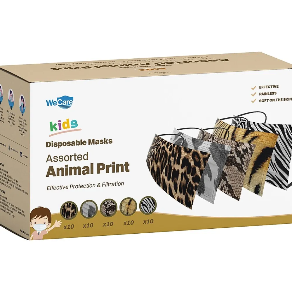 WeCare 3-ply Disposable Face Masks, Individually Wrapped, Kids, Assorted Animal Prints, 50/Box (WMN100082)