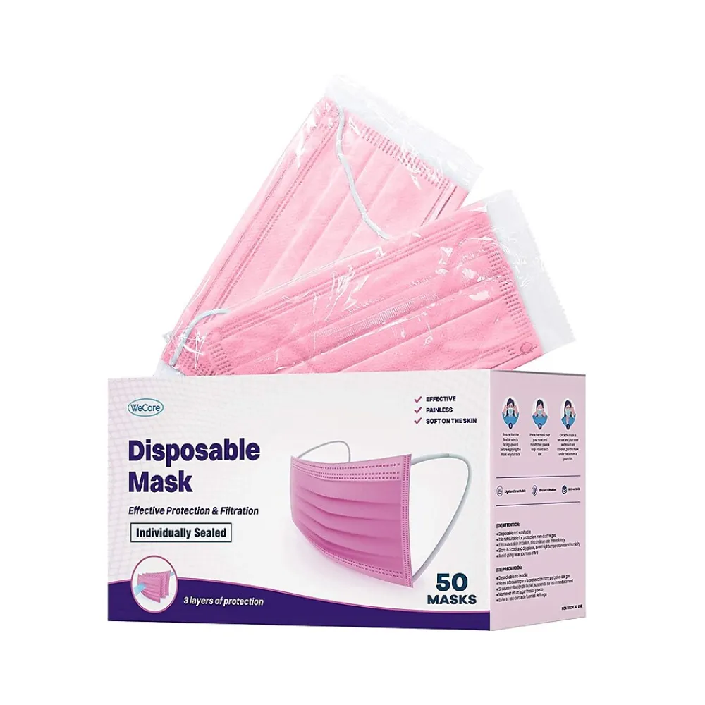 WeCare 3-ply Disposable Face Mask, Individually Wrapped, Adult, Hot Pink, 50/Box (WMN100007)