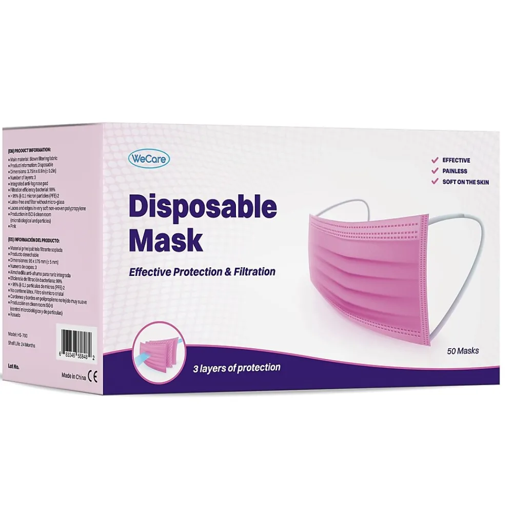 WeCare 3-ply Disposable Face Mask, Individually Wrapped, Adult, Hot Pink, 50/Box (WMN100007)