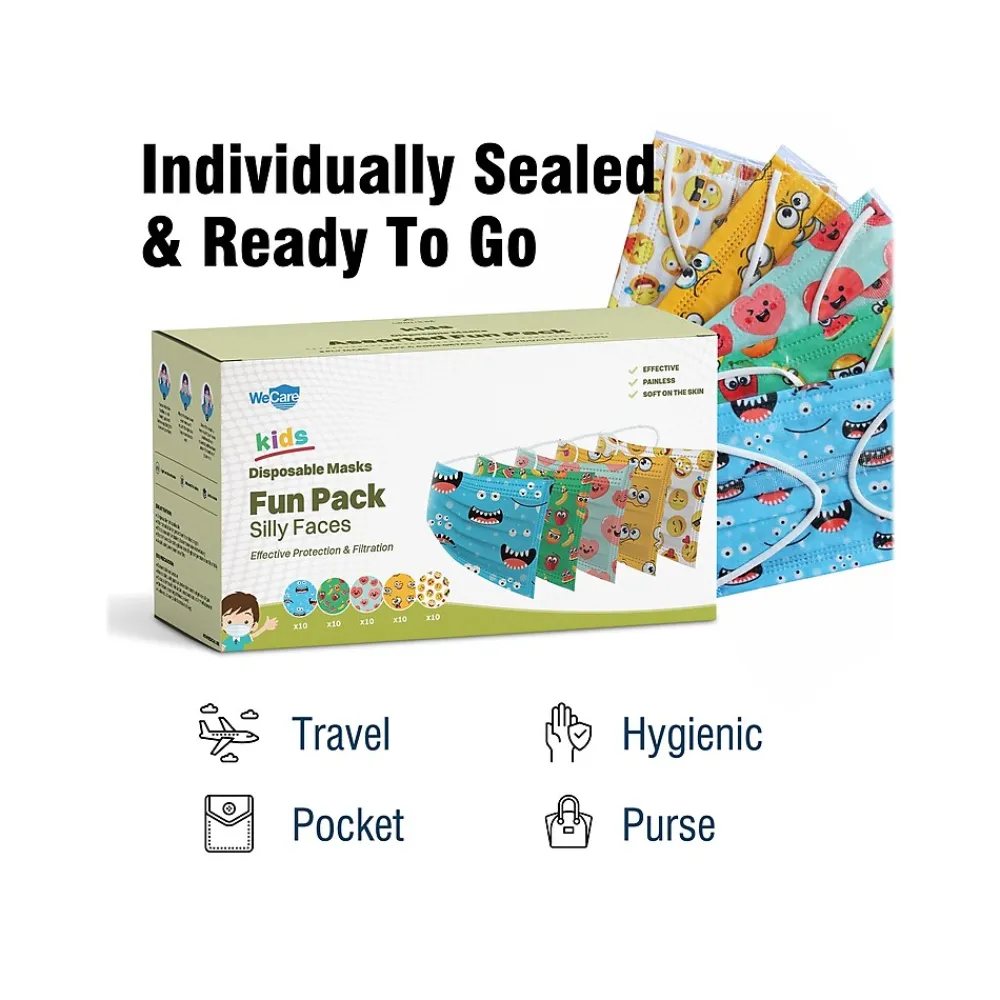 WeCare 3-ply Disposable Face Masks, Kids, Assorted Silly Face Designs, 50/Box (WMN100098)