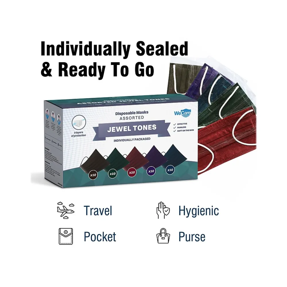 WeCare 3-ply Disposable Face Mask ,Adult, Assorted Jewel Tones, 50/Box (WMN100091)