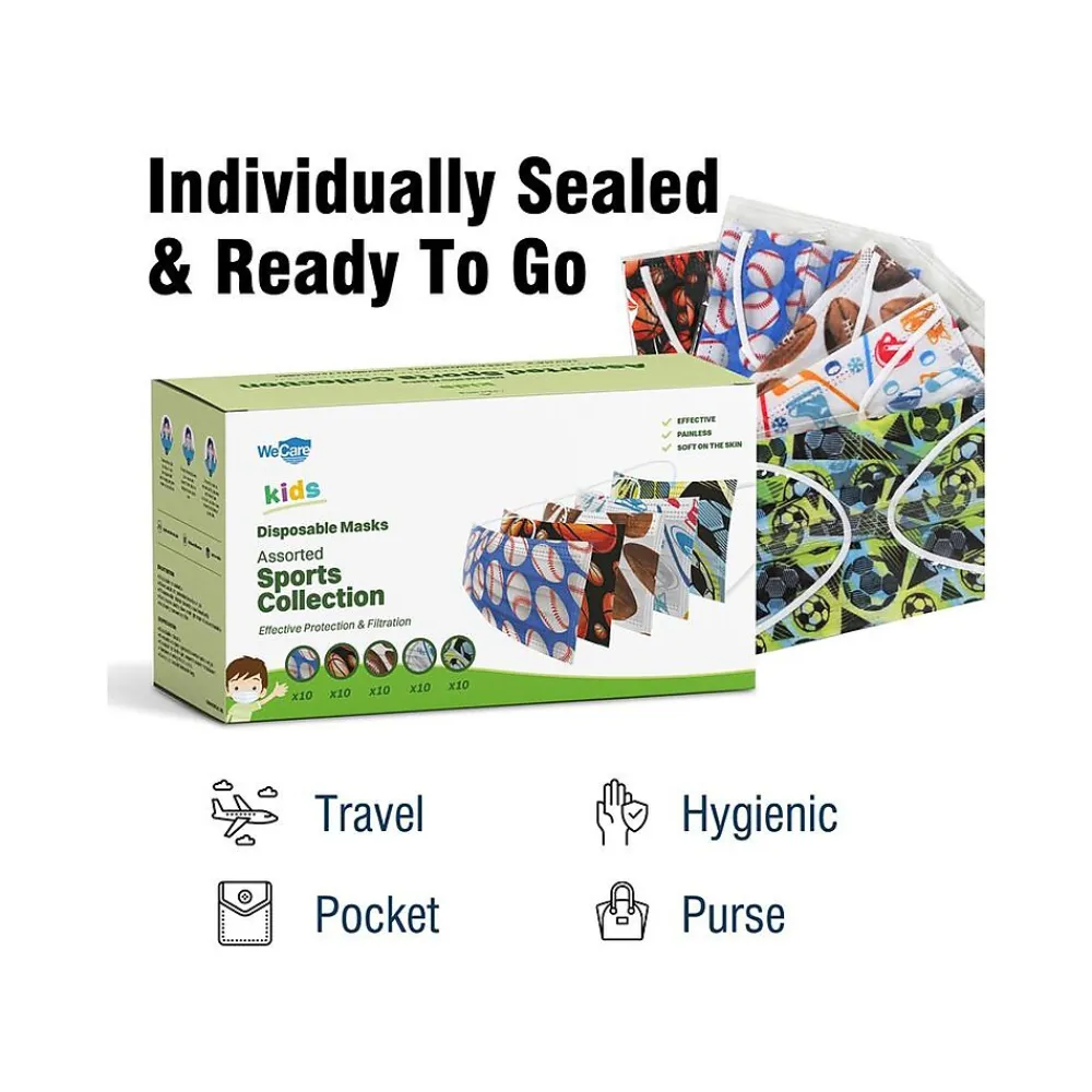 WeCare 3-ply Disposable Face Masks, Kids, Assorted Sports Designs, 50/Pack (WMN100080)