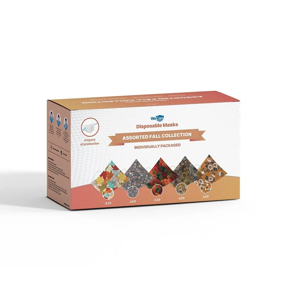 WeCare 3-ply Disposable Face Masks, Adult, Assorted Fall Designs, 50/Box (WMN100114)