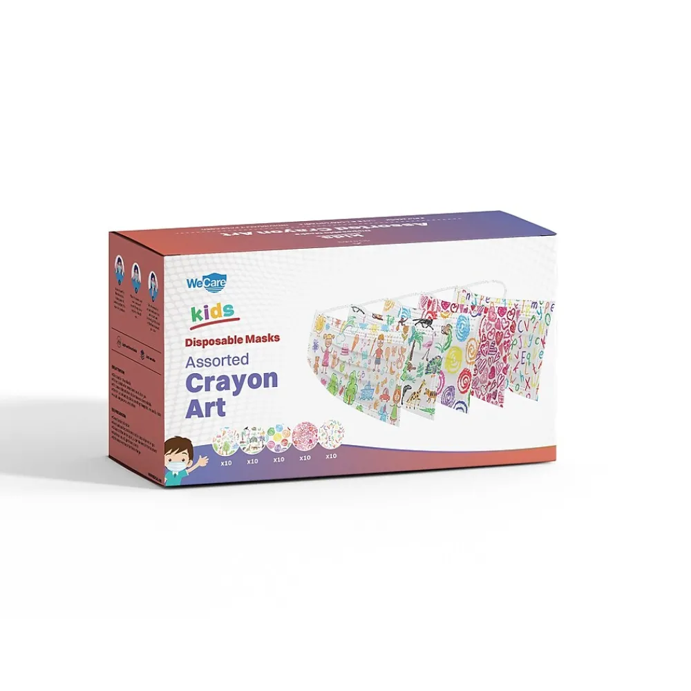 WeCare 3-ply Disposable Face Masks, Kids, Assorted Crayon Art Designs, 50/Box (WMN100116)