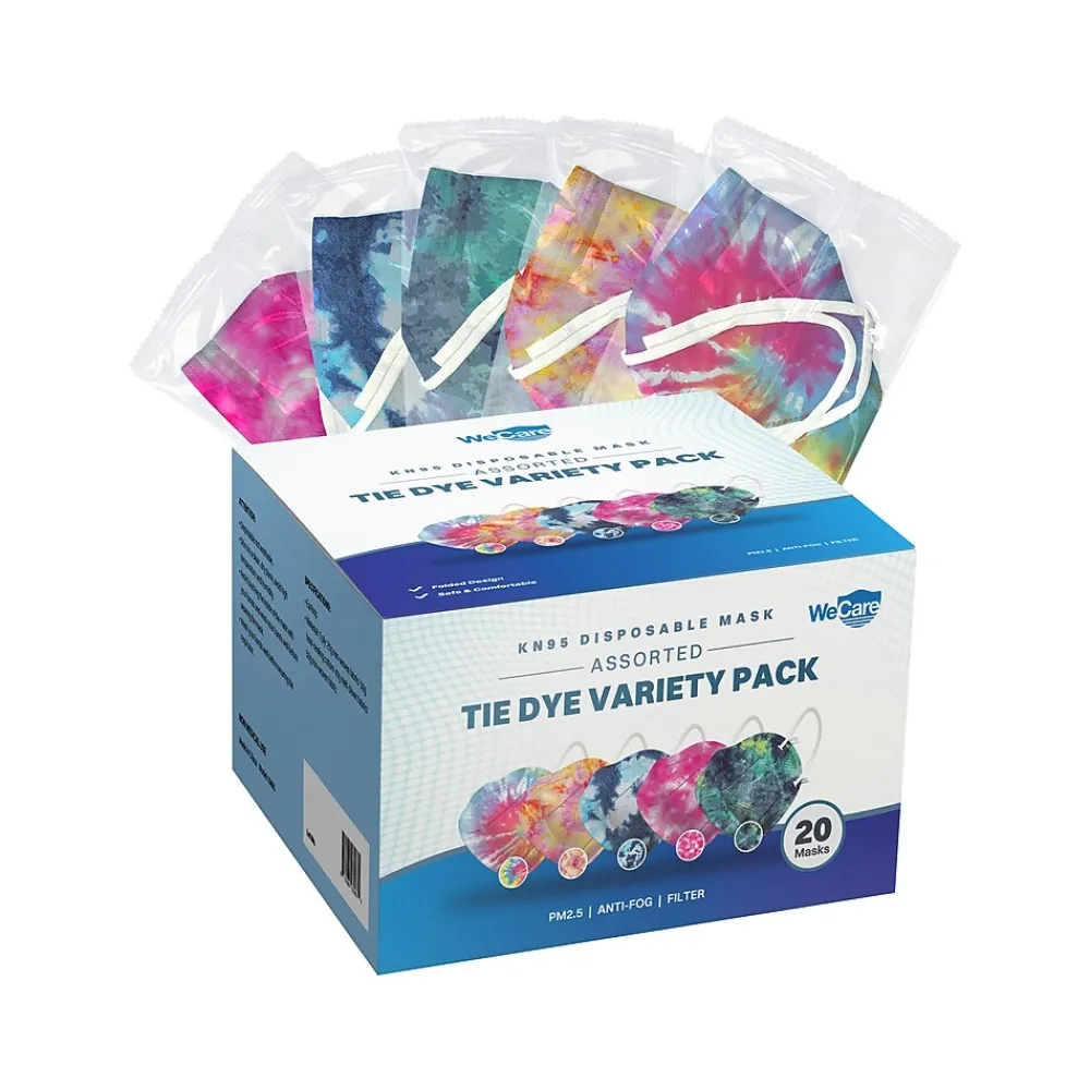 WeCare Tie Dye Disposable KN95 Fabric Face Masks, One Size, Assorted Colors, 20/Pack, 3 Packs/Carton (TBN203259)