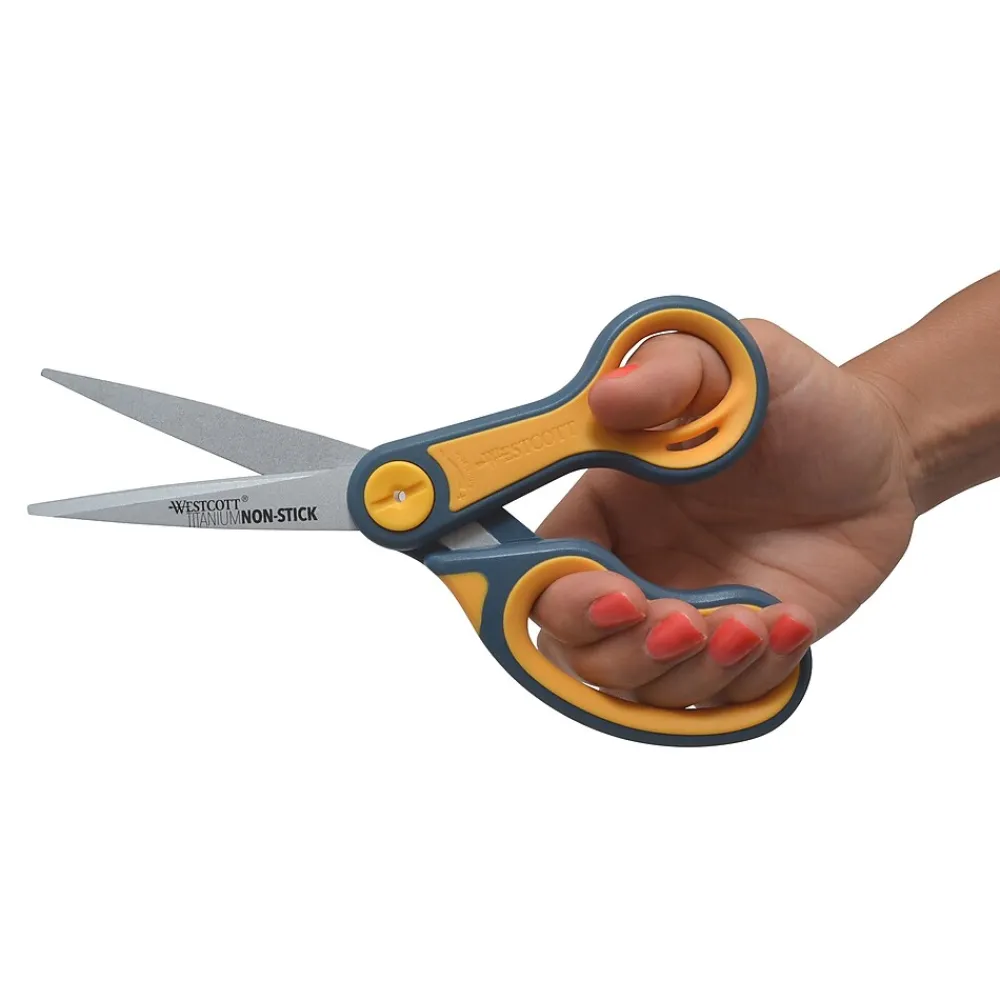 Scissors|Westcott Titanium Bonded Non-Stick 8" Scissors, Adjustable Glide, Pointed Tip, Gray/Yellow (14849)