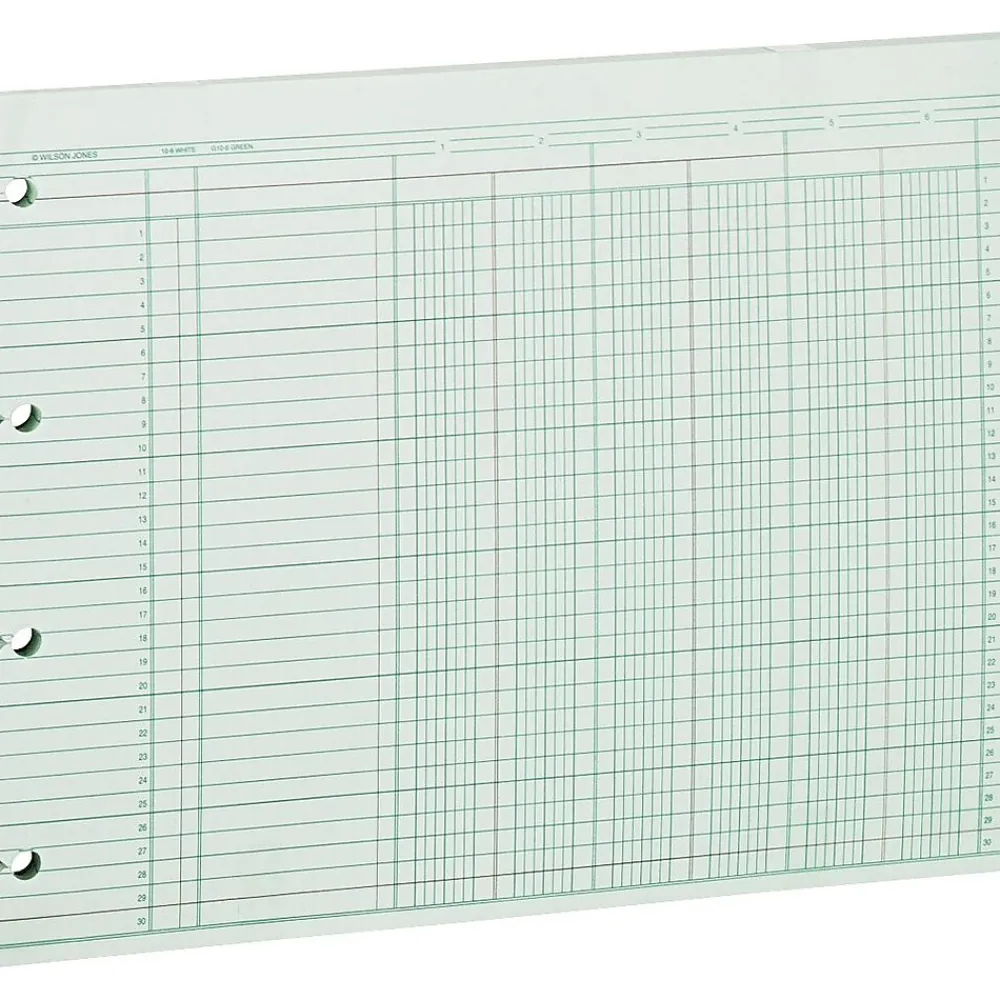 Accounting & Record Journals*ACCO Wilson Jones Columnar Sheets, Ledger Paper, Ruled, 30 Lines, 6 Columns, Green Paper, 9 1/4" x 11 7/8", 100/Pk