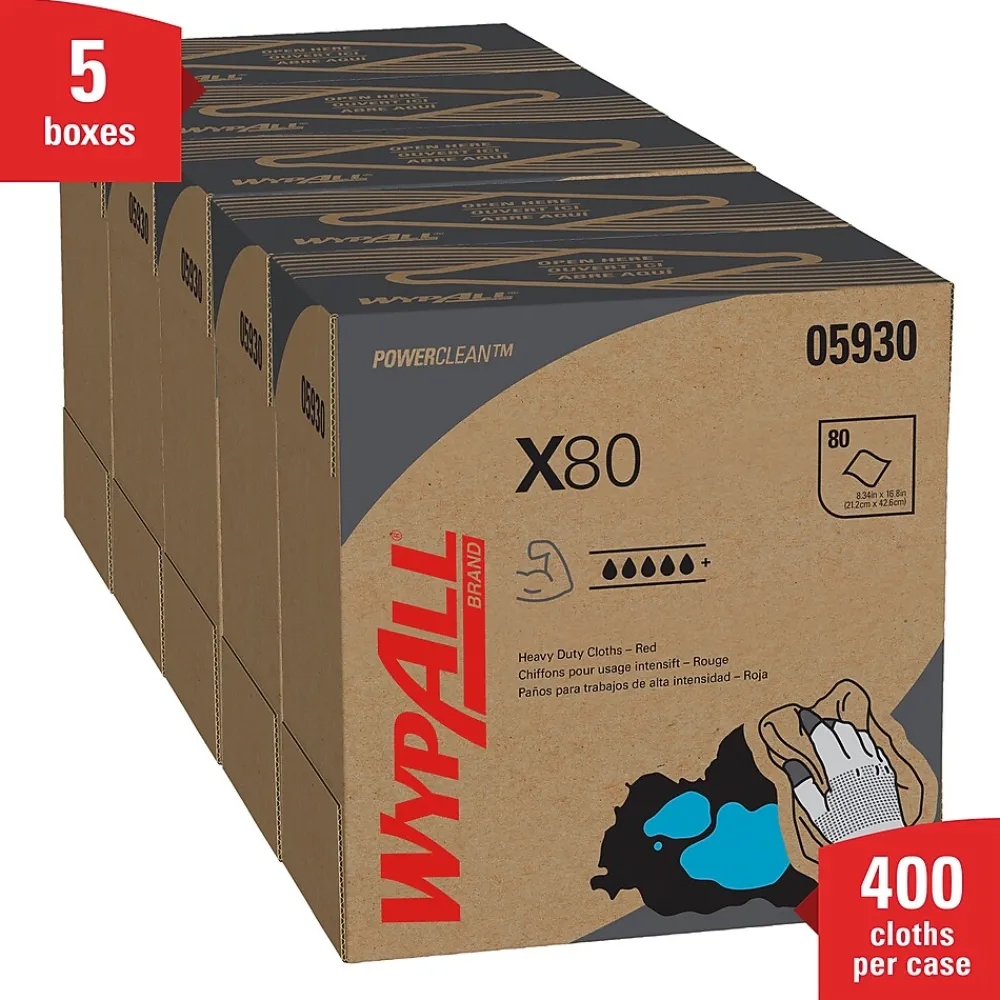 PowerClean X80 Cloths, 8.34" x 16.8", Red, 80 Sheets/Box, 5 Boxes/Carton (05930)<WypAll Best