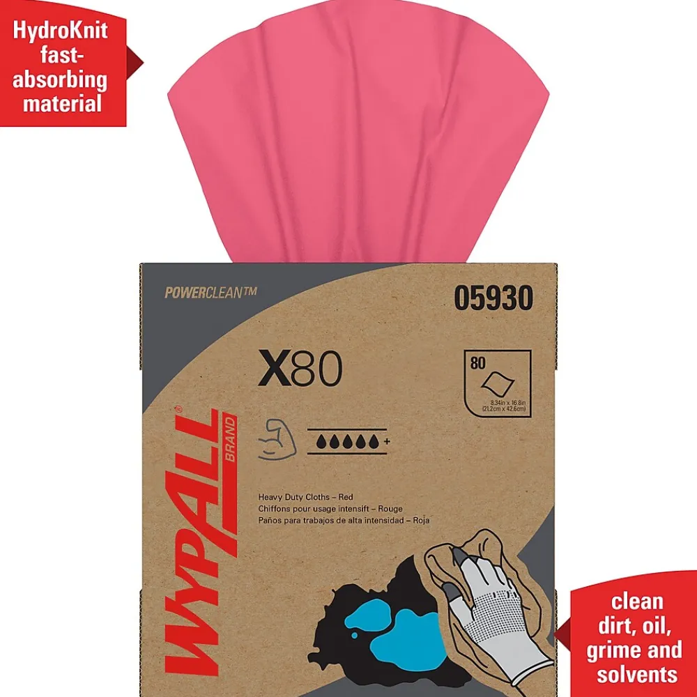 PowerClean X80 Cloths, 8.34" x 16.8", Red, 80 Sheets/Box, 5 Boxes/Carton (05930)<WypAll Best