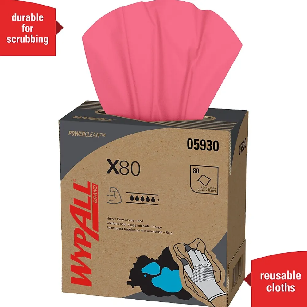 PowerClean X80 Cloths, 8.34" x 16.8", Red, 80 Sheets/Box, 5 Boxes/Carton (05930)<WypAll Best