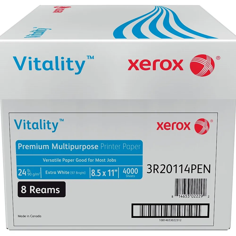 Large Quantity Paper*Xerox Vitality 8.5" x 11" Premium Multipurpose Paper, 24 lbs., 97 Brightness, 4000 Sheets/Carton (1001)