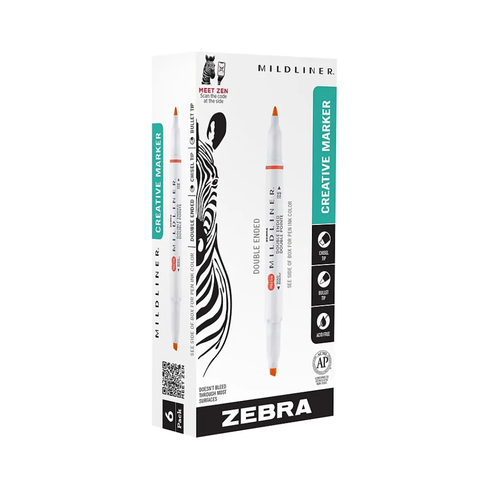 Highlighters|Zebra MILDLINER Double-Ended Creative Highlighter, Chisel/Bullet Tip, Vermilion, 6/Pack (78230R)